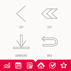 Arrows icons. Download, left direction linear signs. Next, back arrows flat line icons. Edit document, Calendar and Graph chart signs. Star, Check and House web icons. Vector