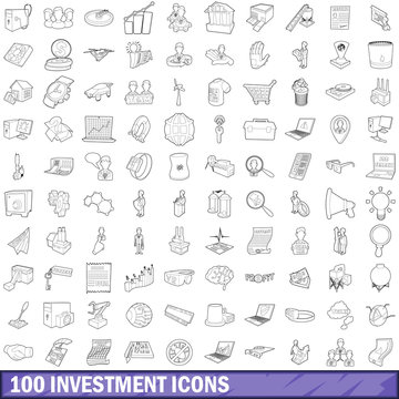 100 investment icons set, outline style