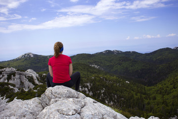 Hiker on Velebit, mountain in Croatia. 