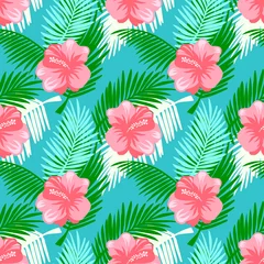 Deurstickers Seamless pattern with tropical fruits, flowers and palm leaves. © LilaloveDesign