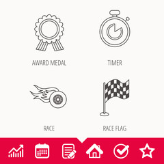 Race flag, winner medal and timer icons. Wheel on fire linear sign. Edit document, Calendar and Graph chart signs. Star, Check and House web icons. Vector