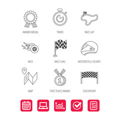 Race flag and speed icons. Winner medal, motorcycle helmet and timer linear signs. Map navigation flat line icons. Report document, Graph chart and Calendar signs. Laptop and Check web icons. Vector