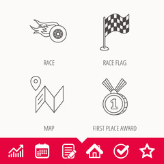 Race flag, map and winner award icons. First place medal, wheel on fire linear signs. Edit document, Calendar and Graph chart signs. Star, Check and House web icons. Vector