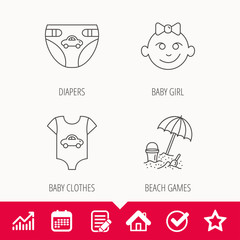 Newborn clothes, diapers and baby girl icons. Beach games linear sign. Edit document, Calendar and Graph chart signs. Star, Check and House web icons. Vector