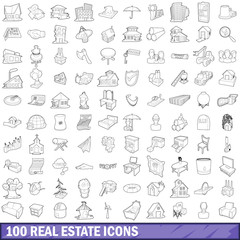 100 real estate icons set, outline style