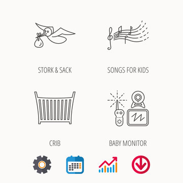Baby monitor, crib bed and songs for kids icons. Stork and sack linear sign. Calendar, Graph chart and Cogwheel signs. Download colored web icon. Vector