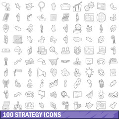 100 strategy icons set, outline style