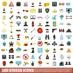 100 stress icons set, flat style