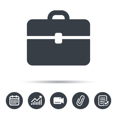 Briefcase icon. Diplomat handbag symbol. Business case sign. Calendar, chart and checklist signs. Video camera and attach clip web icons. Vector