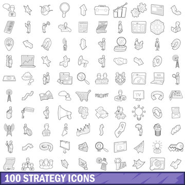100 strategy icons set, outline style
