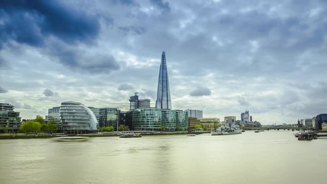 Cityscape London, The Thames, The Shard, city of London, cloudy sky, Time-lapse - April 2017