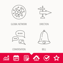 Conversation, global network and direction icons. Bell alarm signal linear sign. Edit document, Calendar and Graph chart signs. Star, Check and House web icons. Vector