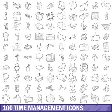100 time management icons set, outline style