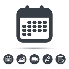 Calendar icon. Events reminder symbol. Calendar, chart and checklist signs. Video camera and attach clip web icons. Vector