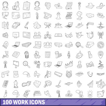100 work icons set, outline style