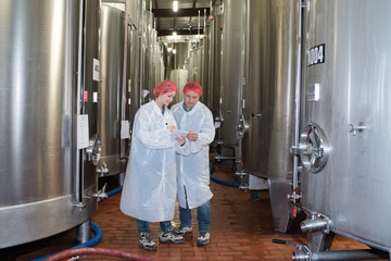 Workers between large wine vats