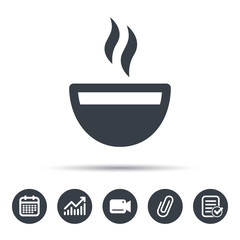 Coffee cup icon. Hot tea drink symbol. Calendar, chart and checklist signs. Video camera and attach clip web icons. Vector