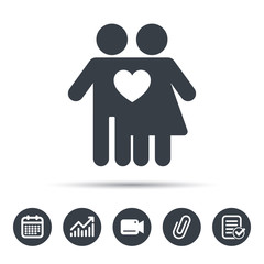 Couple love icon. Traditional young family symbol. Calendar, chart and checklist signs. Video camera and attach clip web icons. Vector