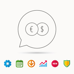 Currency exchange icon. Banking transfer sign. Euro to Dollar symbol. Calendar, Graph chart and Cogwheel signs. Download and Shield web icons. Vector