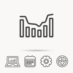Dynamics icon. Statistic chart sign. Growth infochart symbol. Notebook, Calendar and Cogwheel signs. Download arrow web icon. Vector