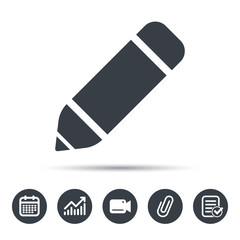 Edit icon. Pencil for drawing symbol. Calendar, chart and checklist signs. Video camera and attach clip web icons. Vector