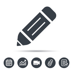 Edit icon. Pencil for drawing symbol. Calendar, chart and checklist signs. Video camera and attach clip web icons. Vector