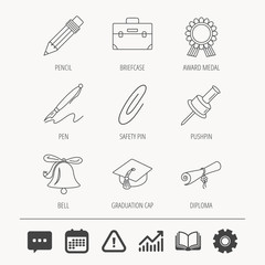 Graduation cap, pencil and diploma icons. Award medal, briefcase and bell linear signs. Pen, safety pin icons. Education book, Graph chart and Chat signs. Attention, Calendar and Cogwheel web icons