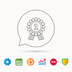 Obraz premium Gold medal award icon. First place sign. Winner symbol. Calendar, Graph chart and Cogwheel signs. Download and Shield web icons. Vector