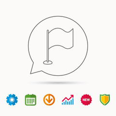 Waving flag icon. Location pointer sign. Calendar, Graph chart and Cogwheel signs. Download and Shield web icons. Vector