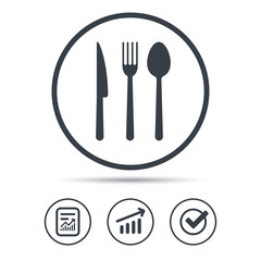 Fork, knife and spoon icons. Cutlery symbol. Report document, Graph chart and Check signs. Circle web buttons. Vector