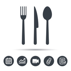 Fork, knife and spoon icons. Cutlery symbol. Calendar, chart and checklist signs. Video camera and attach clip web icons. Vector