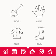 Shovel, boots and gloves icons. Cloak linear sign. Edit document, Calendar and Graph chart signs. Star, Check and House web icons. Vector