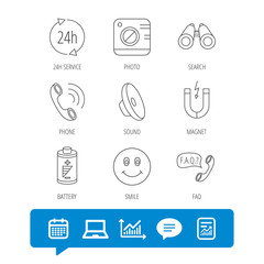 Fototapeta premium Phone call, battery and faq speech bubble icons. 24h service, photo camera and sound linear signs. Smile and search icons. Report file, Graph chart and Chat speech bubble signs. Vector