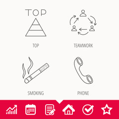 Fototapeta premium Teamwork, smoking and phone call icons. Top linear sign. Edit document, Calendar and Graph chart signs. Star, Check and House web icons. Vector