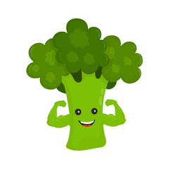 Happy smile strong broccoli show biceps muscles. Vector modern flat style cartoon character illustration icon design.Isolated on white background. Healthy food power. good nutrition,vegetarian concept
