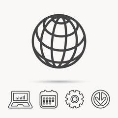 Globe icon. World travel sign. Internet network symbol. Notebook, Calendar and Cogwheel signs. Download arrow web icon. Vector