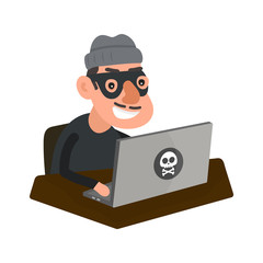 Robber hacker with laptop computer. Vector modern flat style cartoon character illustration icon design.Isolated on white background. Network fraud, web pirate, russian computer crime, hacking