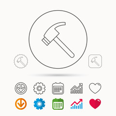 Hammer icon. Repair or fix tool sign. Calendar, Graph chart and Cogwheel signs. Download and Heart love linear web icons. Vector
