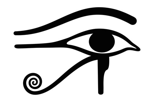 Wedjat, later called Eye of Horus. Ancient Egyptian symbol of protection, royal power and good health, personified in goddess Wadjet. Similar to Eye of Ra, belonging to god Ra. Illustration. Vector.