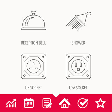 Shower, UK socket and USA socket icons. Reception bell linear sign. Edit document, Calendar and Graph chart signs. Star, Check and House web icons. Vector
