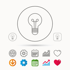Lamp icon. Idea and solution sign. Calendar, Graph chart and Cogwheel signs. Download and Heart love linear web icons. Vector