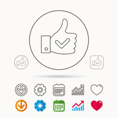 Thumb up like icon. Super cool vote sign. Social media symbol. Calendar, Graph chart and Cogwheel signs. Download and Heart love linear web icons. Vector