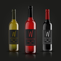 Vector, wine bottles, made in a realistic style. on a dark background. Green, Red and black mock up.