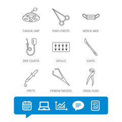 Medical mask, capsules and dental pliers icons. Surgical lamp, scalpel and drop counter linear signs. Tweezers, pipette and forceps flat line icons. Vector