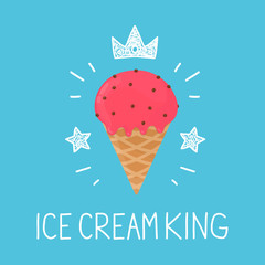 King ice cream. vector cartoon flat and doodle fun isolated  illustration. Crown and stars icon. ice cream cafe,  meal, delivery, sweet fast food concept design