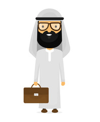 Arabian muslim businessman with briefcase in glasses. Vector flat cartoon character modern style illustration icon drawing, Isolated on white background. Arab business concept