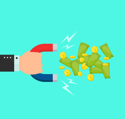 Hand with a big magnet attracts money dollar, coins, bilks. Vector flat cartoon illustration modern syle icon design. Isolated on blue background
