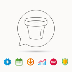 Flower pot icon. Gardening ceramic container sign. Calendar, Graph chart and Cogwheel signs. Download and Shield web icons. Vector
