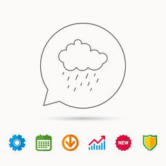 Rain icon. Water drops and cloud sign. Rainy overcast day symbol. Calendar, Graph chart and Cogwheel signs. Download and Shield web icons. Vector