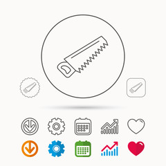 Obraz premium Saw icon. Carpentry equipment sign. Hacksaw symbol. Calendar, Graph chart and Cogwheel signs. Download and Heart love linear web icons. Vector